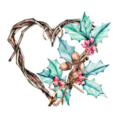 Çiçekli suluboya kalp çelengi, romantik dekorasyon, el çizimi.