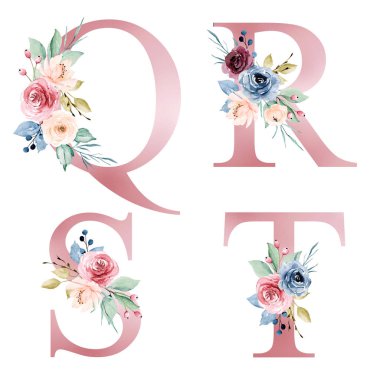 floral alphabet, letters Q, R, S, T with watercolor flowers, creative art design, monogram initials