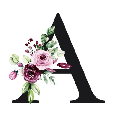 El çizimi suluboya resim, büyük harf A ve çiçek elementleri.