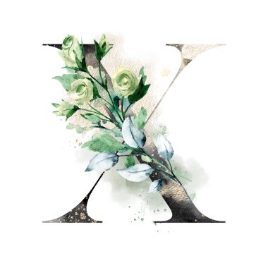 El çizimi suluboya resim, çiçekli X harfi.