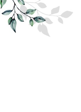 Beyaz arka planda suluboya yaprakları ve çiçekli tebrik kartı şablonu, çiçek çerçeveleri