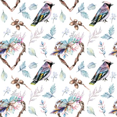 Kusursuz eski model. Suluboya kuşlar, çelenkler ve yapraklarla. El çizimi.