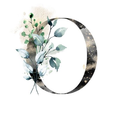 El çizimi suluboya resim, büyük harf O ve çiçek elementleri.