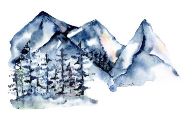 watercolor drawing concept with snowy mountains and trees 