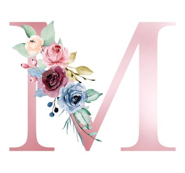 floral monogram, letter M watercolor painting with flowers and leaves
