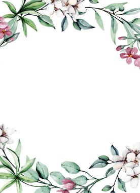 Floral frame border with flowers, watercolor art painting, greeting card template