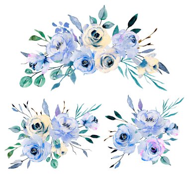 Floral collection with watercolor flowers, set of colorful bouquets