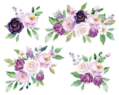 Floral collection with watercolor flowers, set of colorful bouquets
