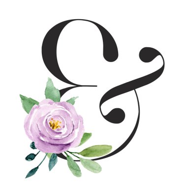 ampersand symbol on white background, watercolor painting with flowers