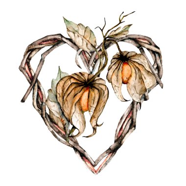 Çiçekli suluboya kalp çelengi, romantik dekorasyon, el çizimi.