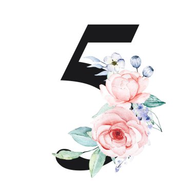 number 5 on white background, with flowers and leaves made with watercolor, floral monogram