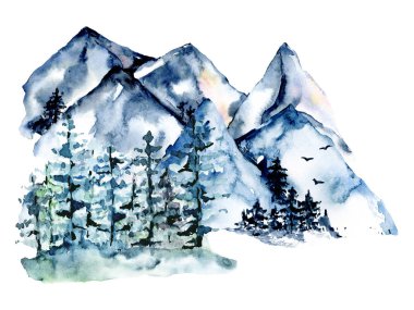 watercolor drawing concept with snowy mountains and trees 