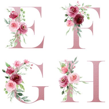 Çiçek alfabesi, E, F, G, H harfleri, yaratıcı suluboya resim.