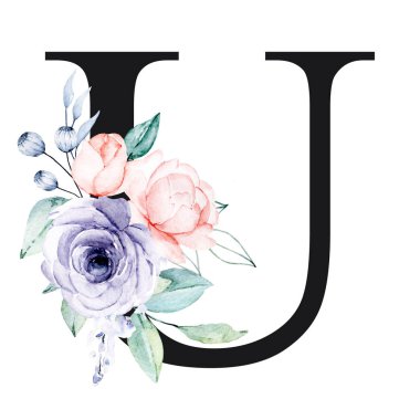 Sulu çiçekli ve yapraklı güzel çiçekli U harfi.