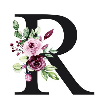 El çizimi suluboya resim, çiçekli büyük harf R