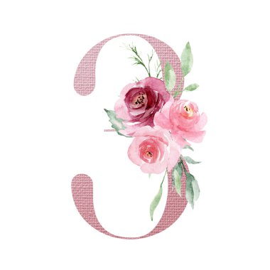 3 numara, elle çizilmiş suluboya resim tasarımı. 