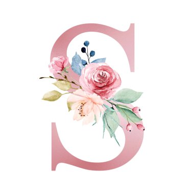 floral monogram, letter S watercolor painting with flowers and leaves