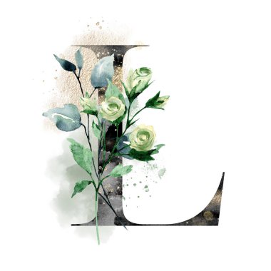 El çizimi suluboya resim, büyük harf L ve çiçekli elementler