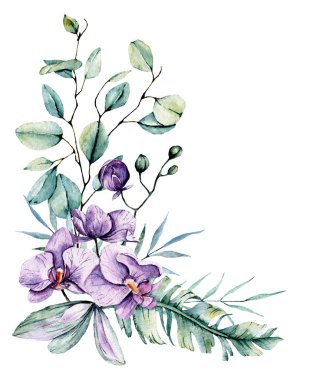 Çiçek çerçeveli suluboya çerçeve kenarı yazı için, elle boyanmış. Beyaz arkaplanda izole.