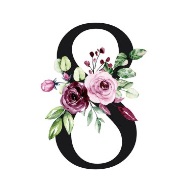 number 8 on white background, with flowers and leaves made with watercolor, floral monogram