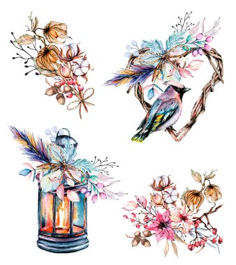 Watercolor flowers set. Frame hearts, lantern, birds for the design of greeting cards, posters, invitations, shows, banners, blogs. Hand drawing. Isolated on white.