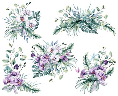 Floral collection with watercolor flowers, set of colorful bouquets