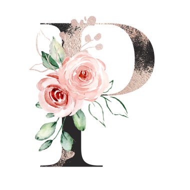 suluboya resim, çiçekli ve yapraklı P harfi, çiçek alfabesi.