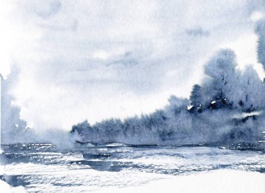 winter landscape, hand drawn watercolor art painting