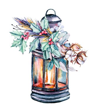 Suluboya el resmi kutsal, kırmızı böğürtlen, tüy, pamuk dalı, fener, mum ve beyaz arka planda izole edilmiş şamdanla yapıldı..