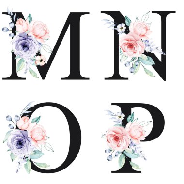 floral alphabet, letters M, N, O, P with watercolor flowers, creative art design, monogram initials