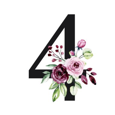 number 3 on white background, with flowers and leaves made with watercolor, floral monogram