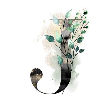 El çizimi suluboya resim, büyük harf J ve çiçek elementleri.