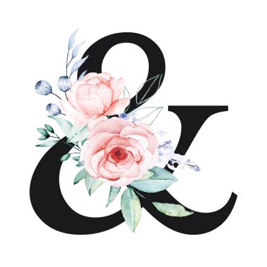 ampersand symbol on white background, watercolor painting with flowers