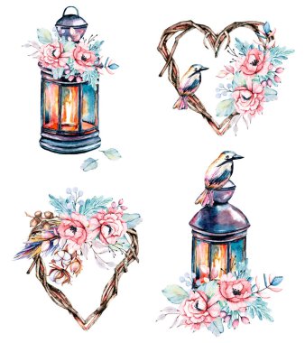 Watercolor flowers set. Frame hearts, lantern, birds for the design of greeting cards, posters, invitations, shows, banners, blogs. Hand drawing. Isolated on white.