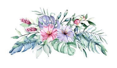 Yapraklı suluboya çiçekler, çiçek boyama konsepti.