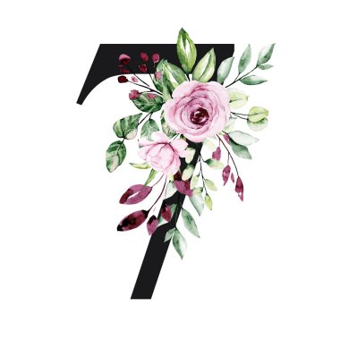 number 7 on white background, with flowers and leaves made with watercolor, floral monogram
