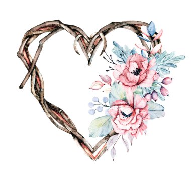 Çiçekli suluboya kalp çelengi, romantik dekorasyon, el çizimi.