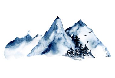 watercolor drawing concept with snowy mountains and trees 