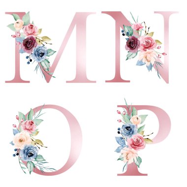 floral alphabet, letters M, N, O, P with watercolor flowers, creative art design, monogram initials