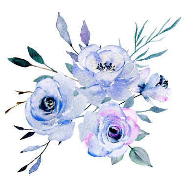 Suluboya çiçekler, tebrik kartı için çiçek buketi, davetiye ve diğer baskı tasarımları. Beyazda izole edilmiş. El çizimi.