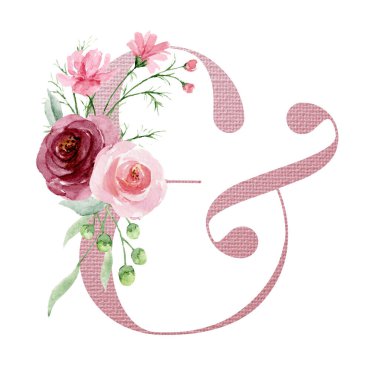 ampersand symbol on white background, watercolor painting with flowers