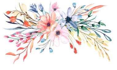 Suluboya resim, beyaz arka planda güzel bahar çiçekleri, çiçek konsepti