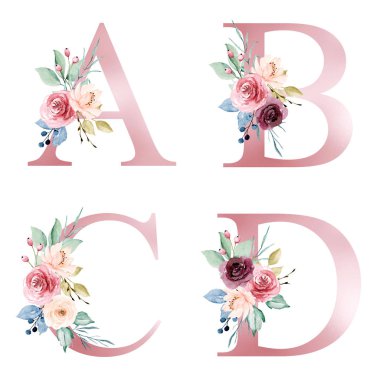 floral alphabet, letters A, B, C, D with watercolor flowers, creative art design, monogram initials