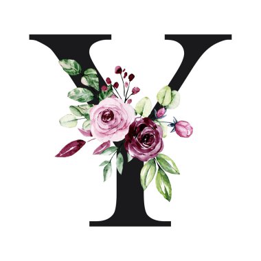 El çizimi suluboya resim, büyük harf Y ve çiçekli elementler