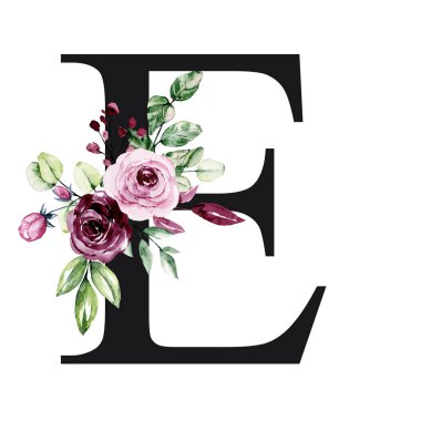 El çizimi suluboya resim, büyük harf E ve çiçek elementleri.