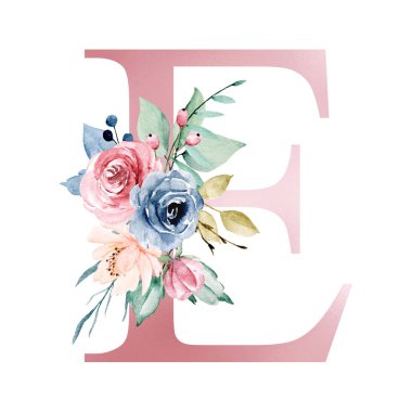 floral monogram, letter E watercolor painting with flowers and leaves