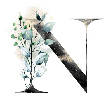 El çizimi suluboya resim, büyük harf N ve çiçek elementleri.