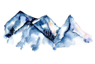 watercolor drawing concept with snowy mountains and trees 