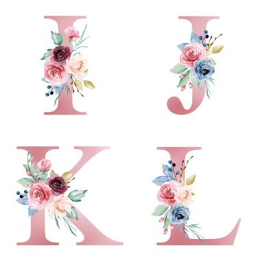 floral alphabet, letters I, J, K, L with watercolor flowers, creative art design, monogram initials