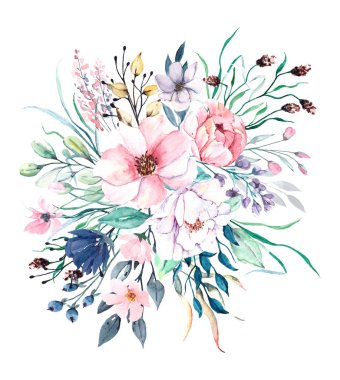 Suluboya resim, beyaz arka planda güzel bahar çiçekleri, çiçek konsepti